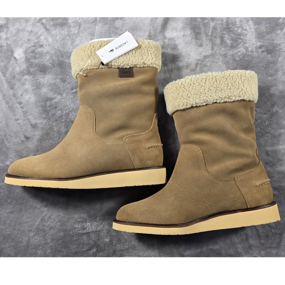 Lacoste Ansell 2 SRW Bootie Women Size 8 Tan Suede Faux Sherpa Lined NWOB w/FLAW